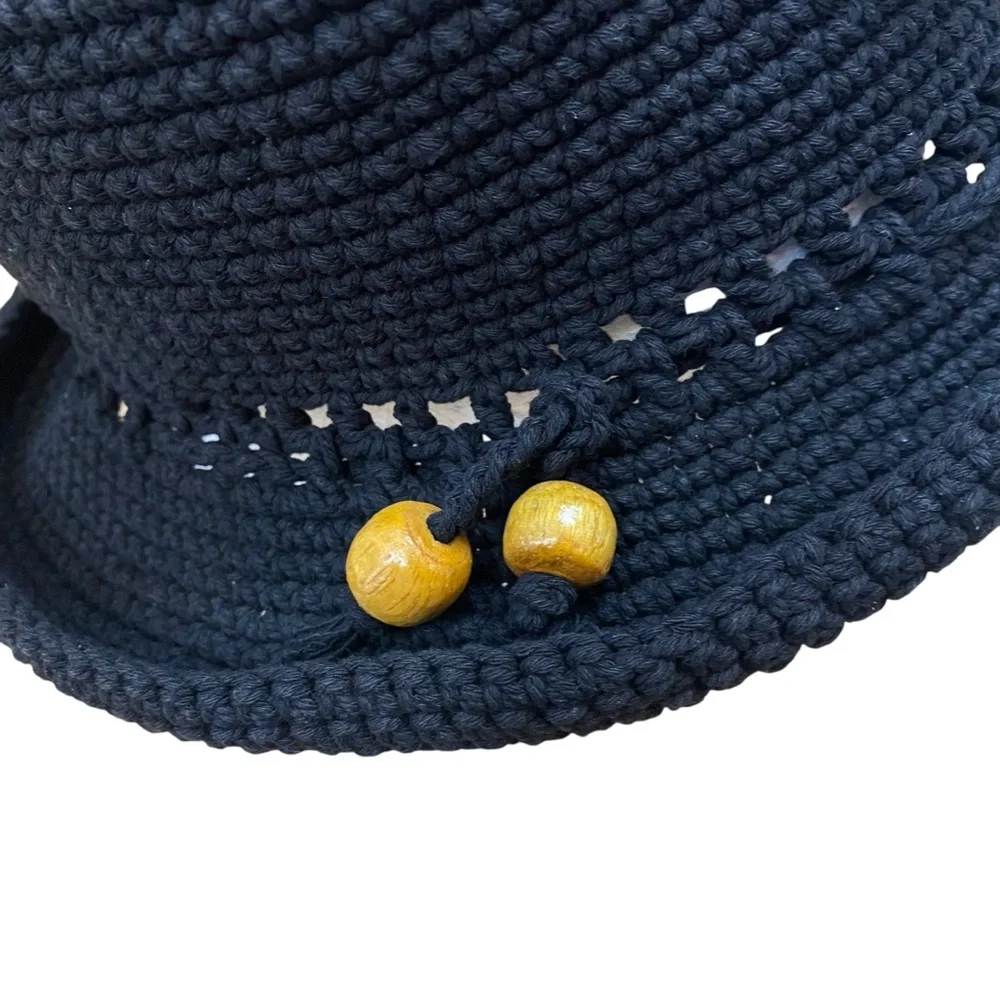 Rico International Women size Small Black Crochet Knit Hat Flower Bead Detail